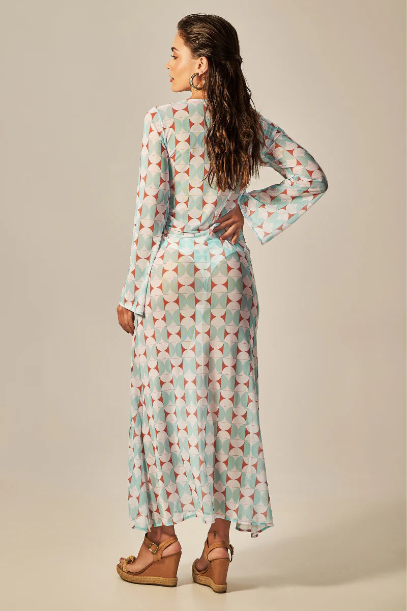 LONG SIXTY DRESS GREEN RETRO PRINT