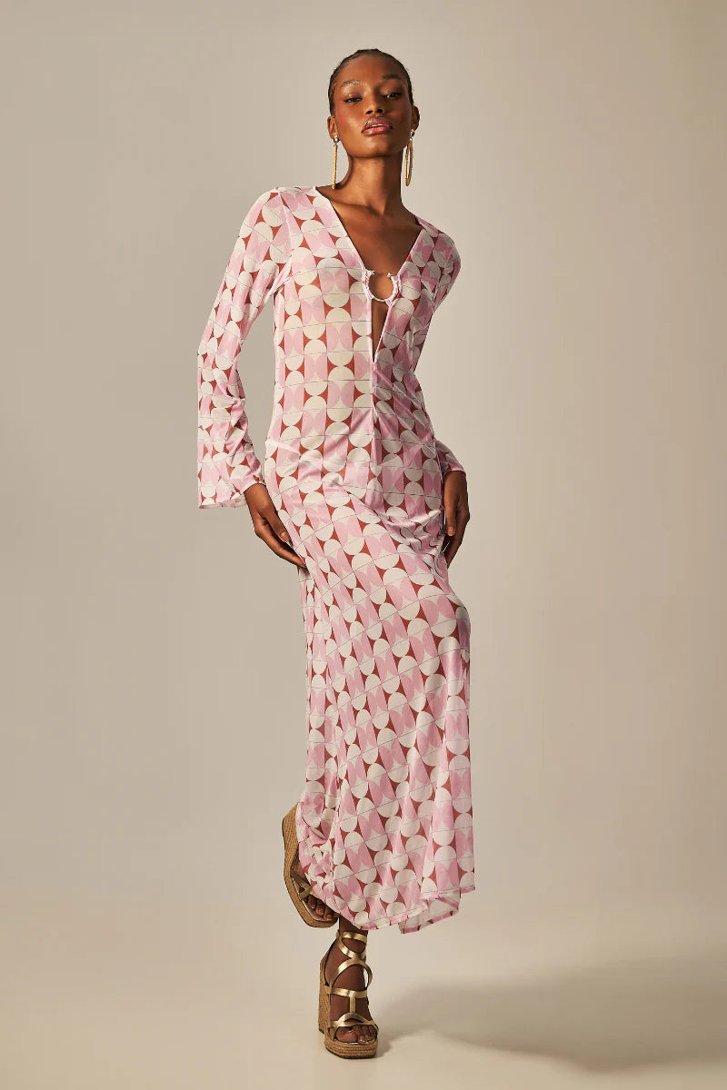 LONG SIXTY DRESS GREEN RETRO PRINT