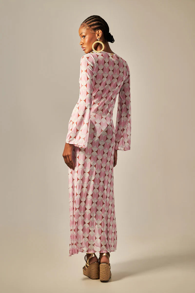 LONG SIXTY DRESS GREEN RETRO PRINT