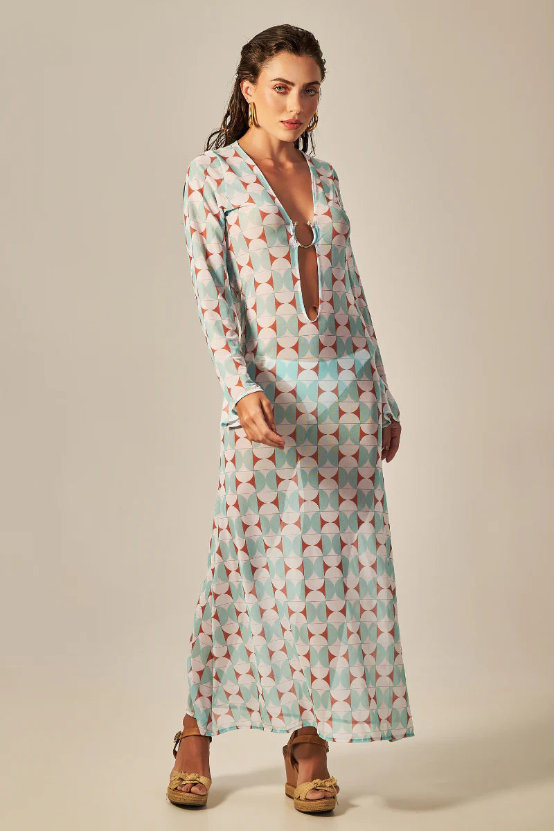 LONG SIXTY DRESS GREEN RETRO PRINT