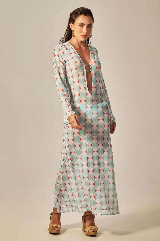 LONG SIXTY DRESS GREEN RETRO PRINT